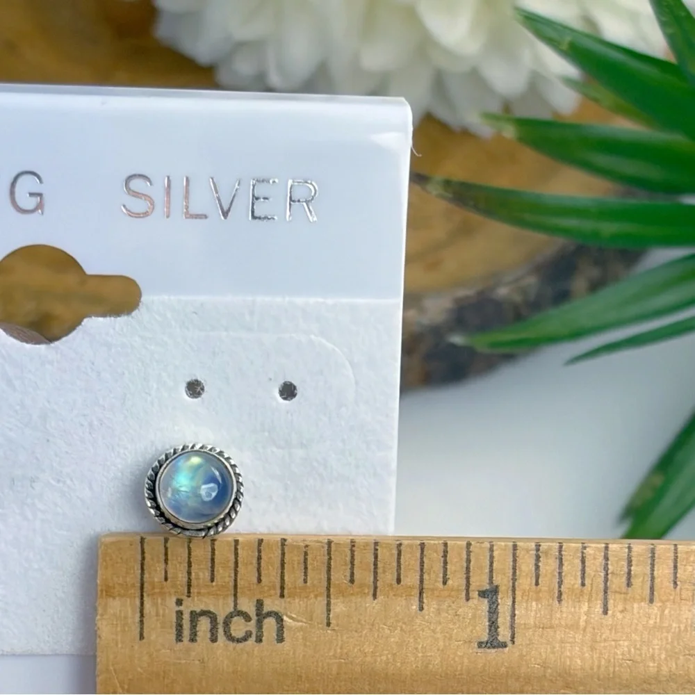 Pure Sterling Silver 925 Blue Rainbow Moonstone Stud Earrings Boho Southwest New - Picture 8 of 8
